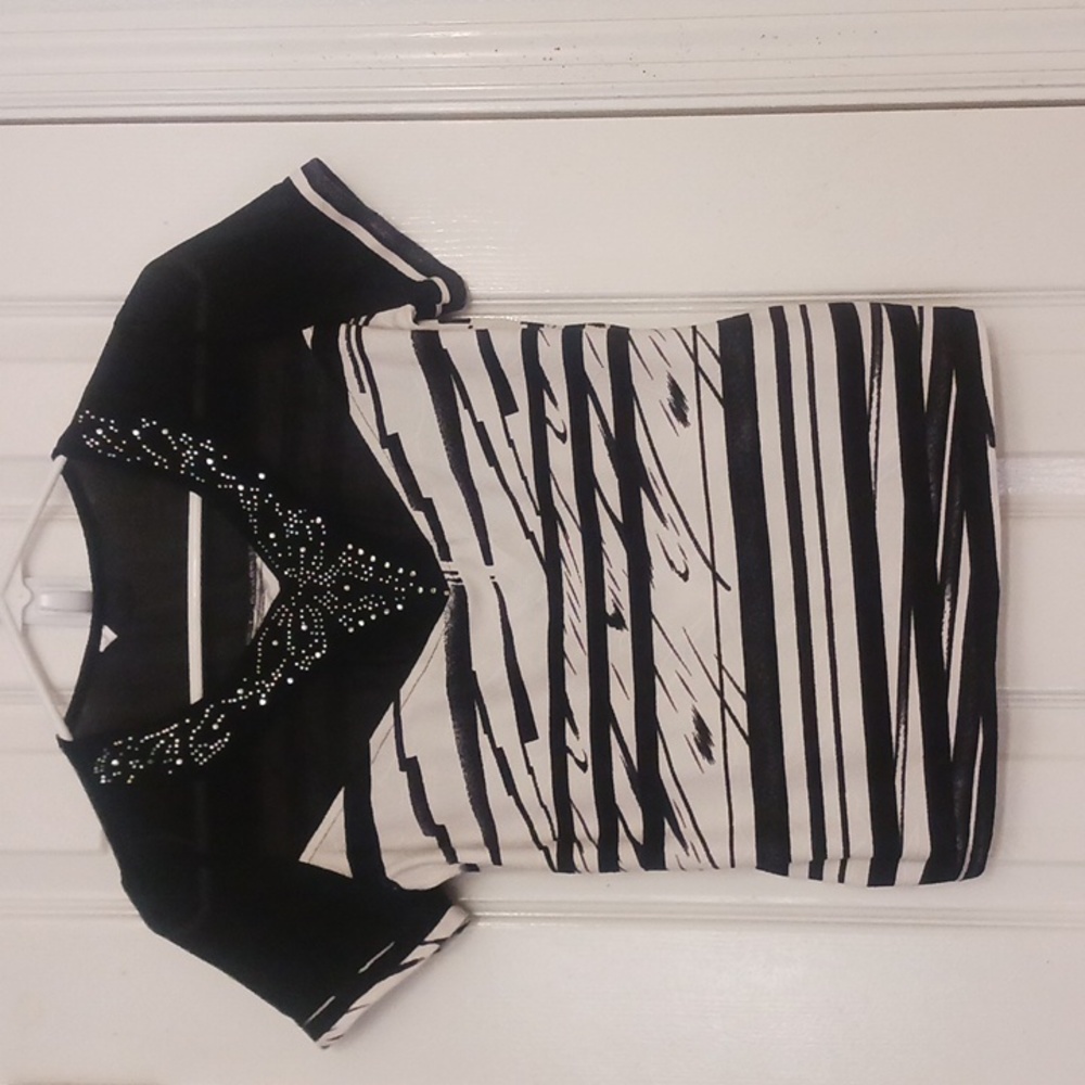 Black & White Top Blouse With Rhinestones & Striped Details